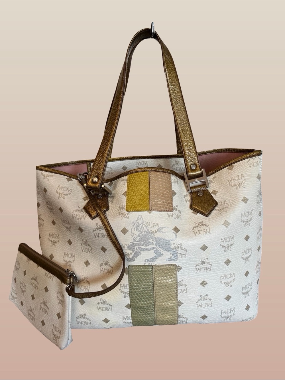 Authentic MCM Cream Logo Tote with Gold Handles and Green & Yellow Accents